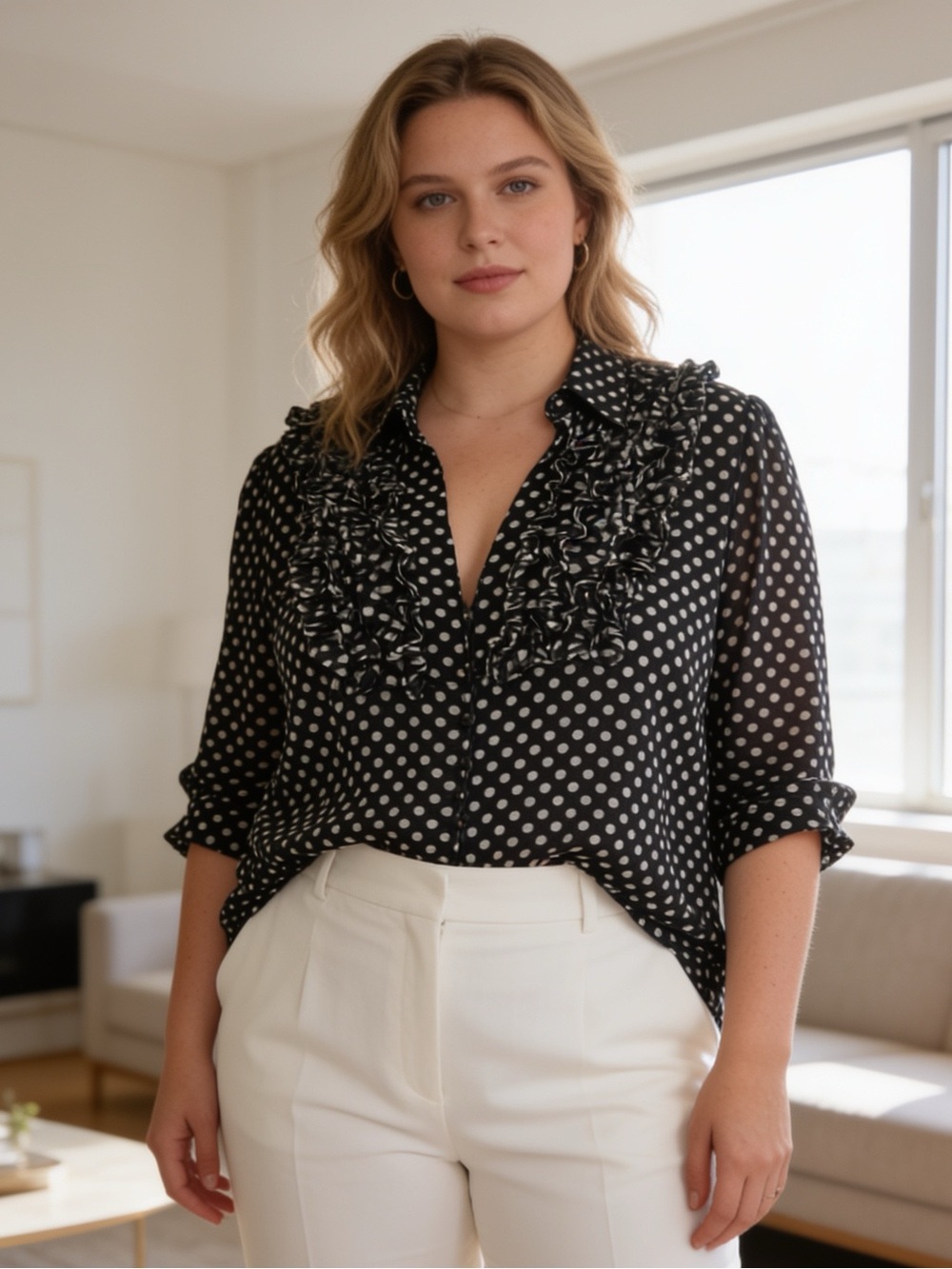 INC International Concepts Polka Dot Ruffle V-Neck Blouse Black & White 1X